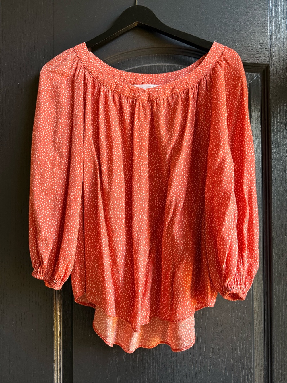 LC Lauren Conrad Coral Red Peasant Blouse with White Dots